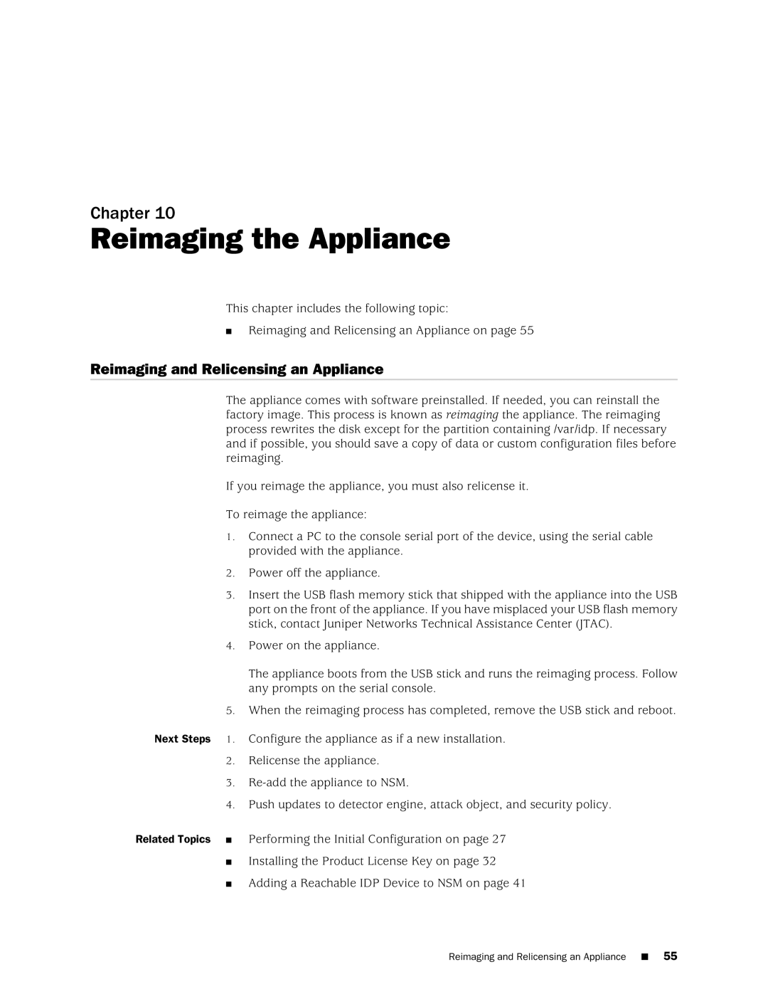 Juniper Networks IDP250 manual Reimaging the Appliance, Reimaging and Relicensing an Appliance 