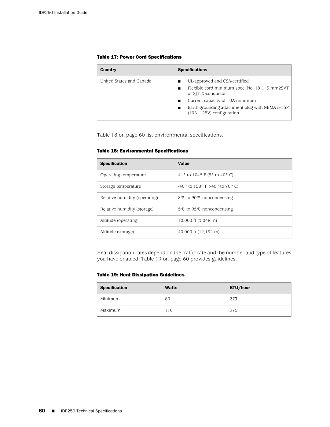 Juniper Networks IDP250 manual On page 60 list environmental specifications, Power Cord Specifications 