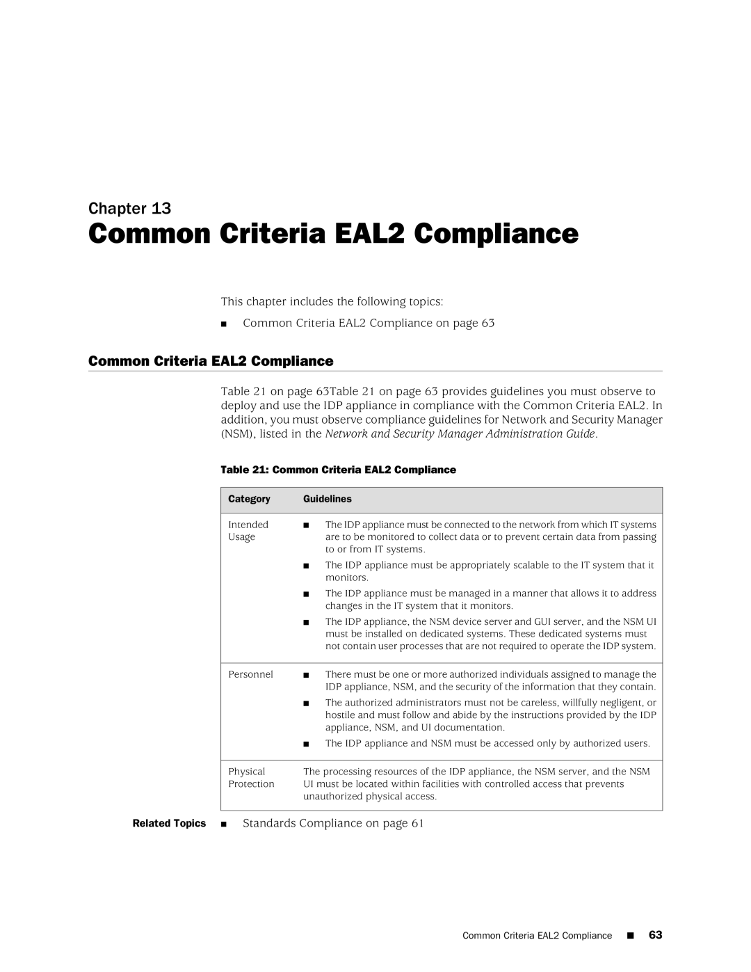 Juniper Networks IDP250 manual Common Criteria EAL2 Compliance, Related Topics Standards Compliance on 