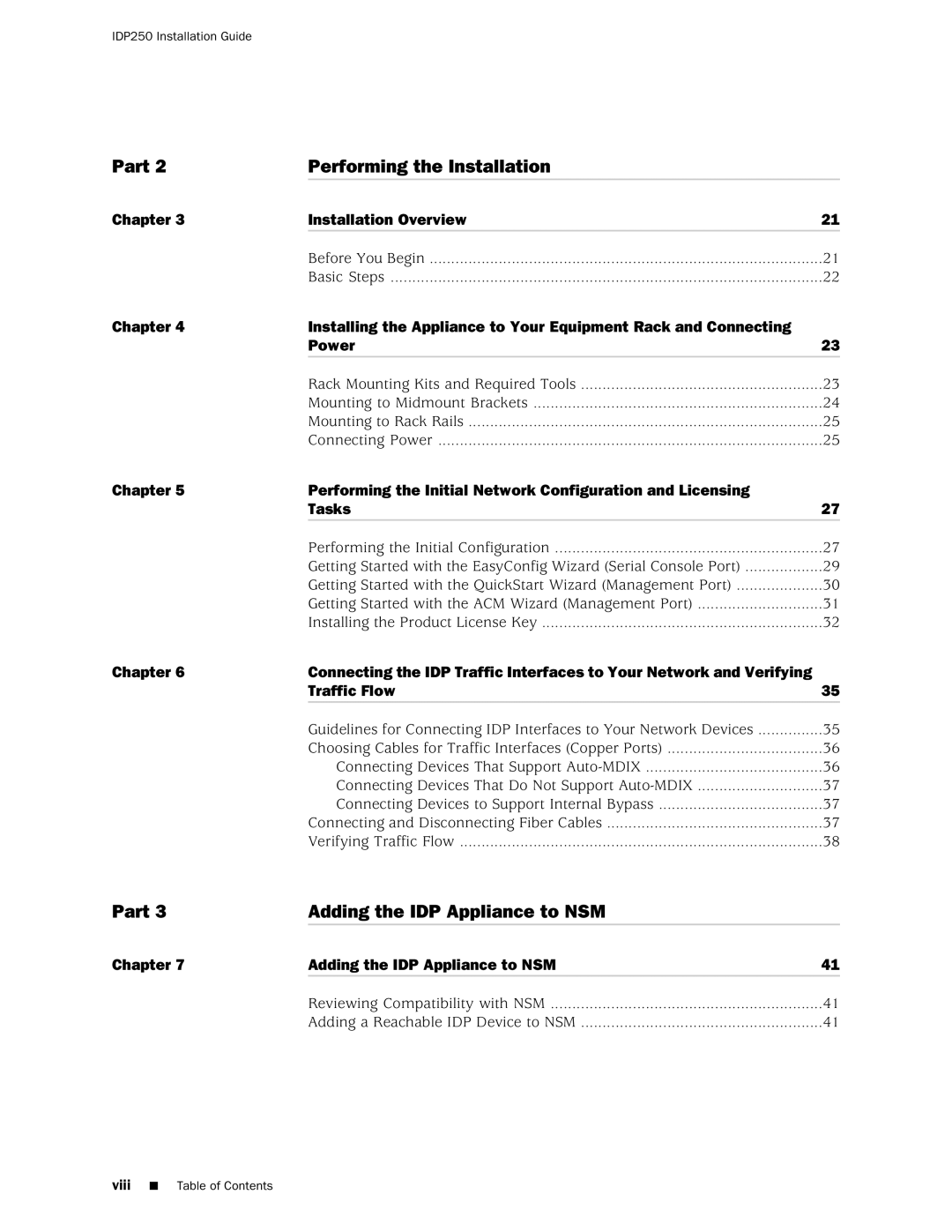 Juniper Networks Part Performing the Installation, Part Adding the IDP Appliance to NSM, IDP250 Installation Guide 