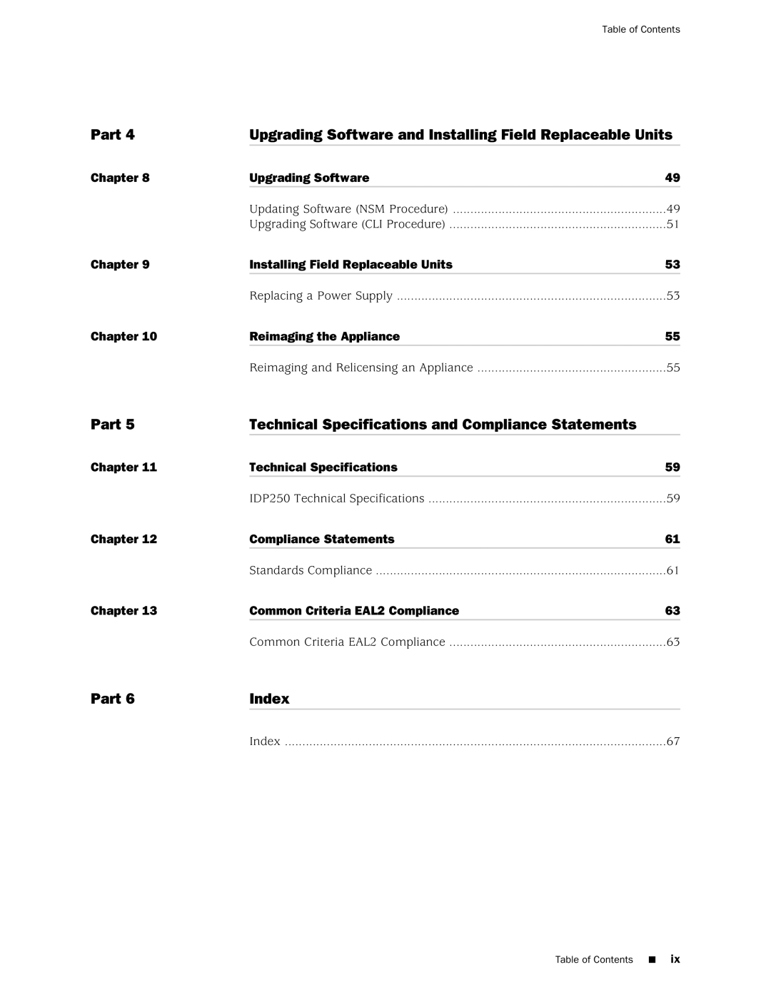 Juniper Networks IDP250 manual Part Technical Specifications and Compliance Statements, Part Index 