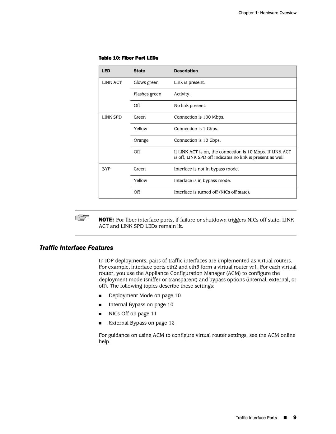 Juniper Networks IDP250 manual Traffic Interface Features 