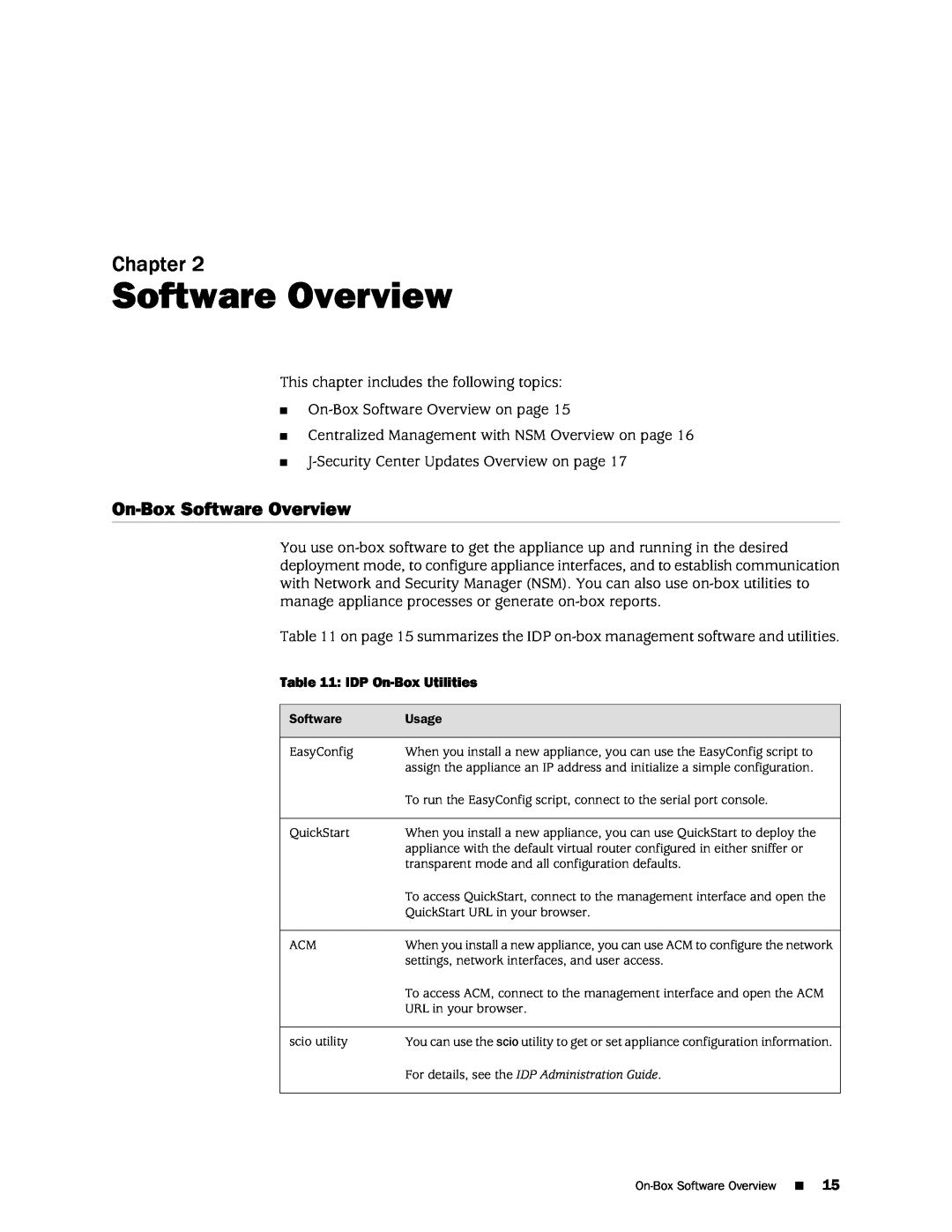 Juniper Networks IDP250 manual On-BoxSoftware Overview, Chapter 