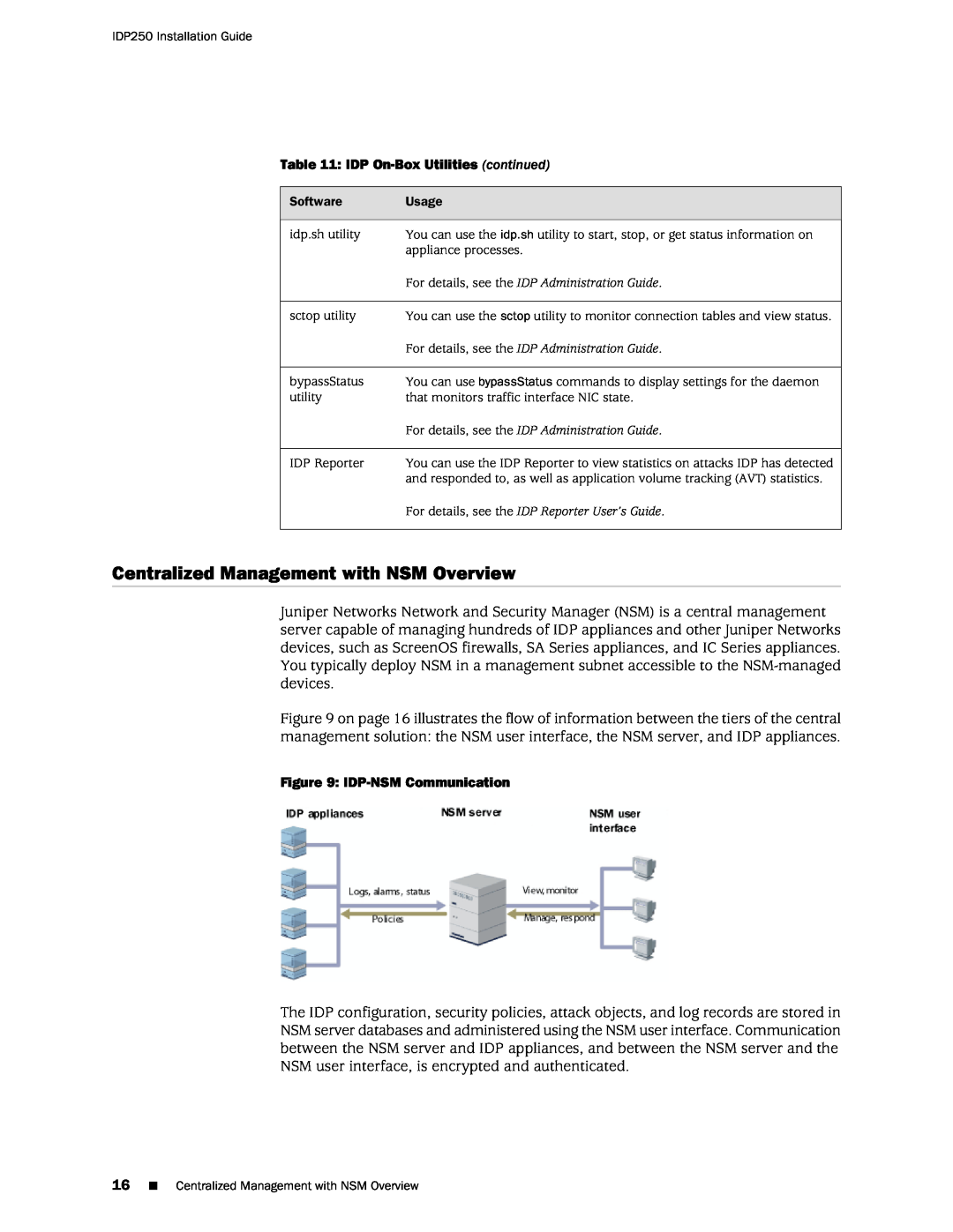 Juniper Networks IDP250 Centralized Management with NSM Overview, IDP On-BoxUtilities continued, IDP-NSMCommunication 