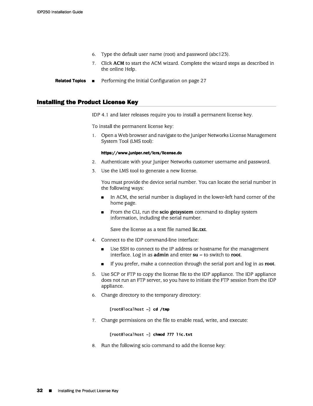 Juniper Networks IDP250 manual Installing the Product License Key 