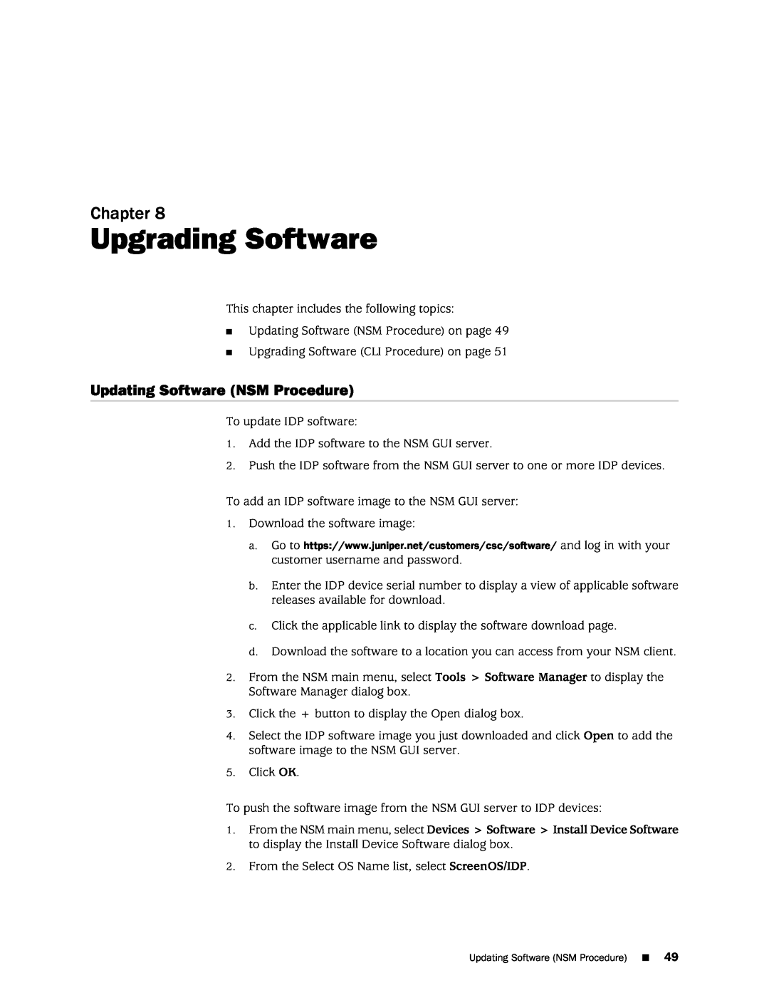 Juniper Networks IDP250 manual Upgrading Software, Updating Software NSM Procedure, Chapter 