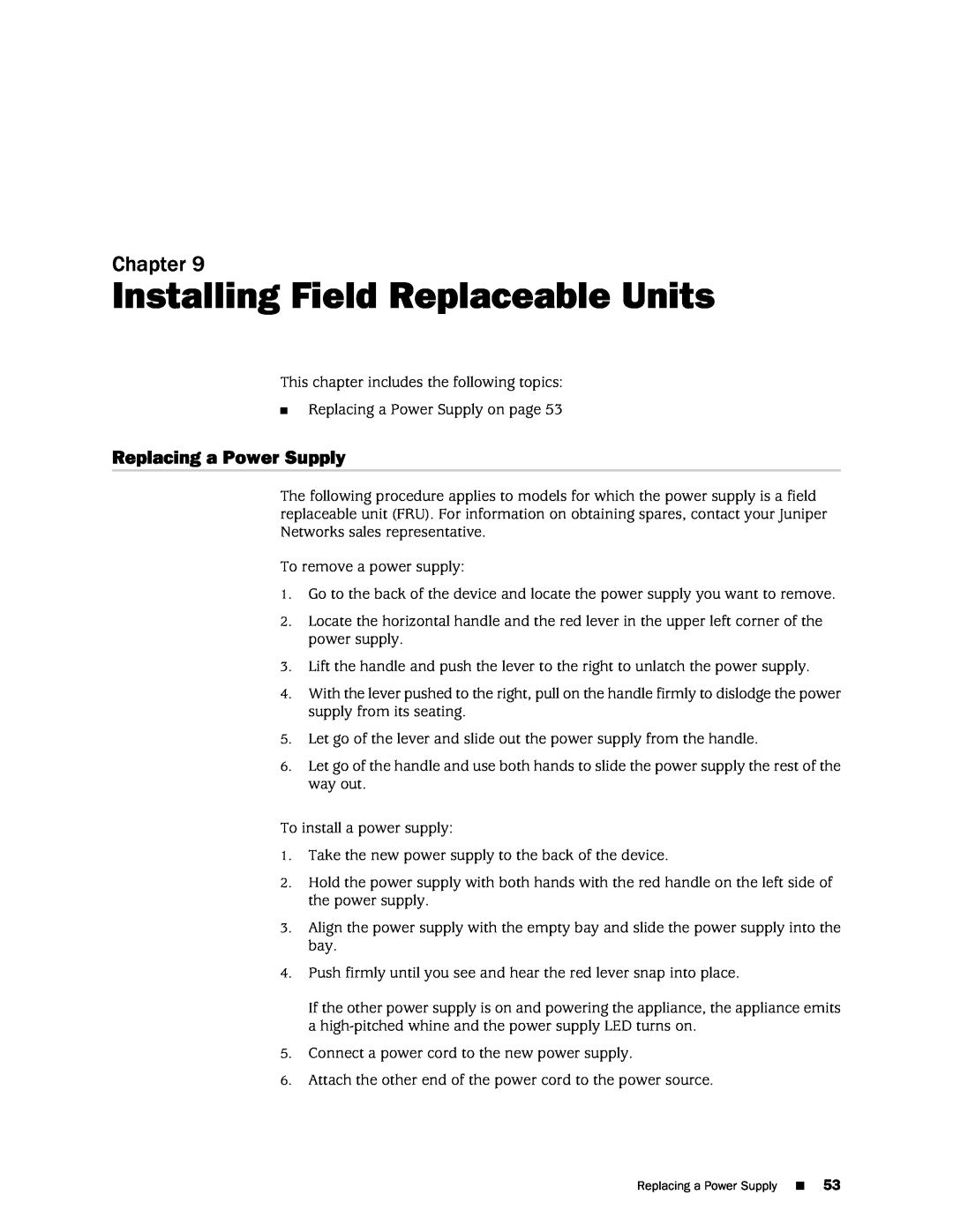 Juniper Networks IDP250 manual Installing Field Replaceable Units, Replacing a Power Supply, Chapter 