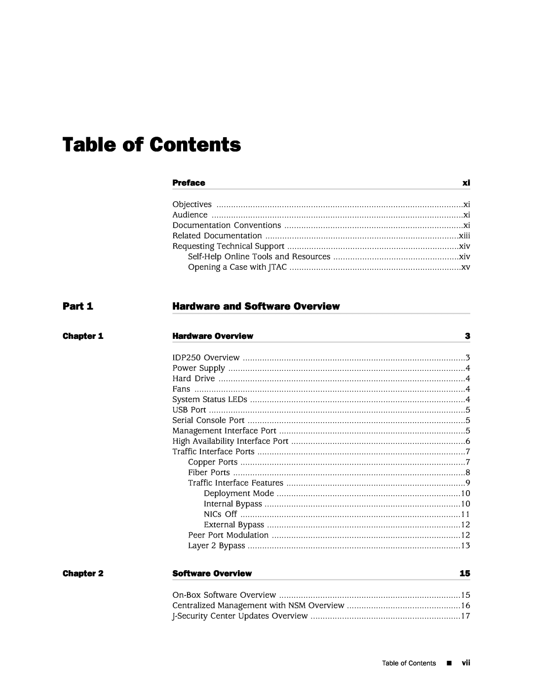 Juniper Networks IDP250 manual Table of Contents, Part, Hardware and Software Overview 