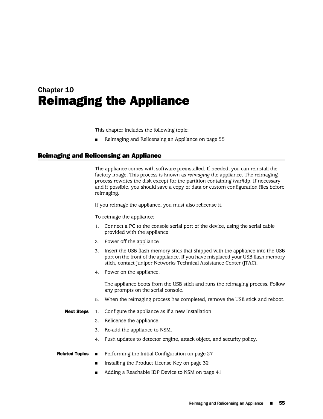Juniper Networks IDP250 manual Reimaging the Appliance, Reimaging and Relicensing an Appliance, Chapter 