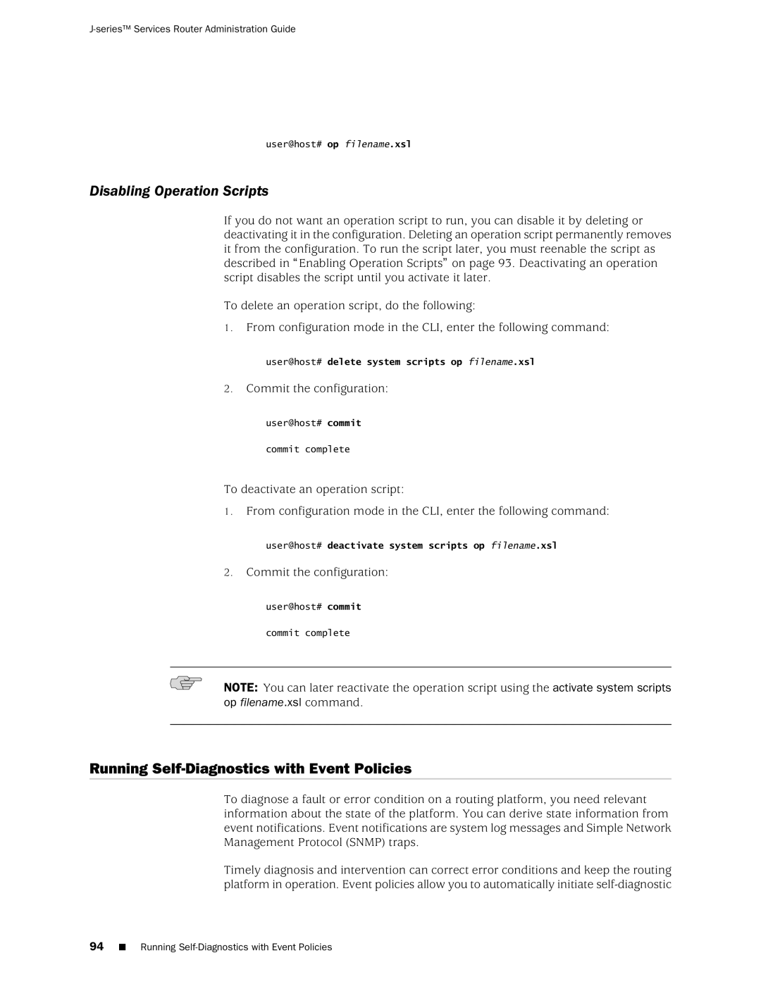 Juniper Networks J-Series manual Disabling Operation Scripts, Running Self-Diagnostics with Event Policies 