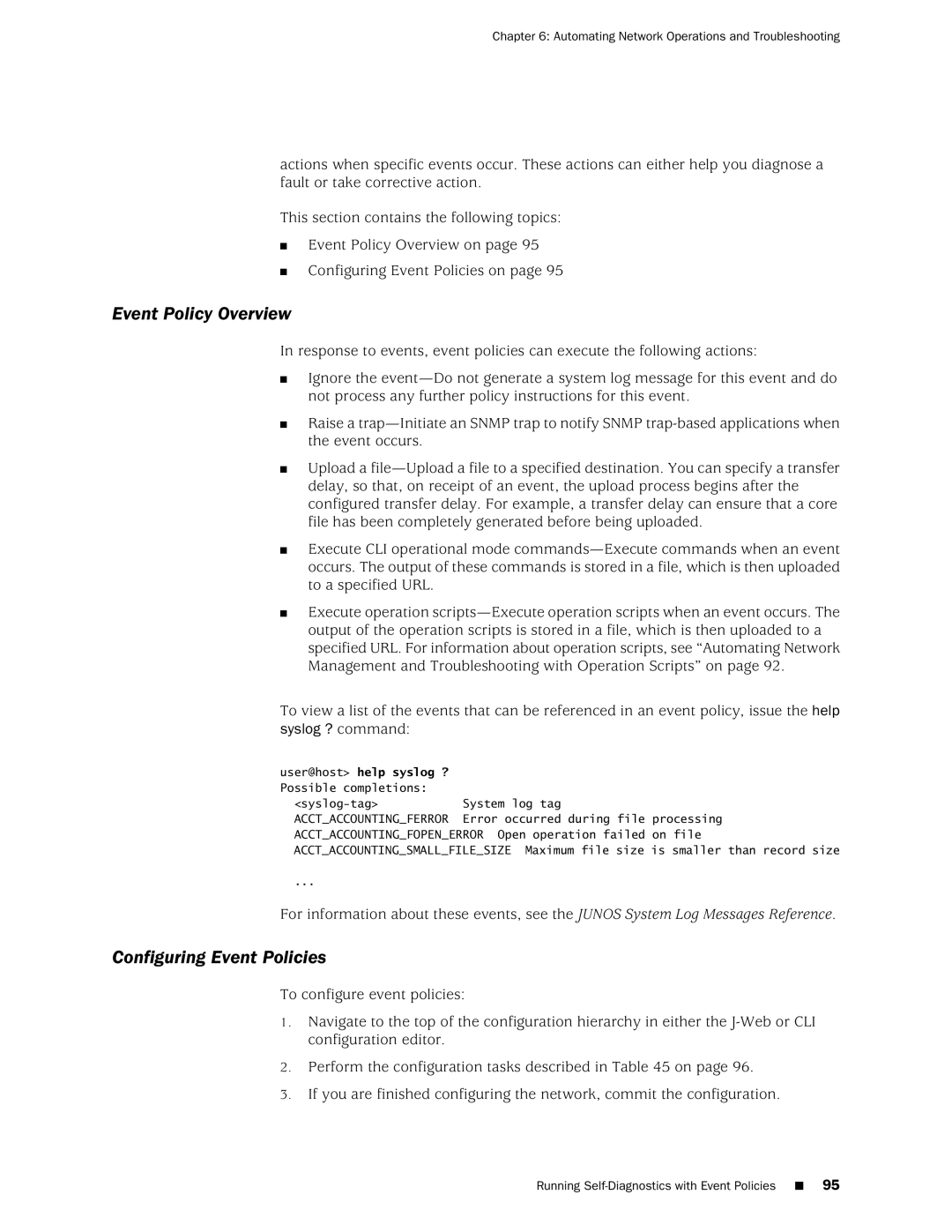 Juniper Networks J-Series manual Event Policy Overview, Configuring Event Policies 