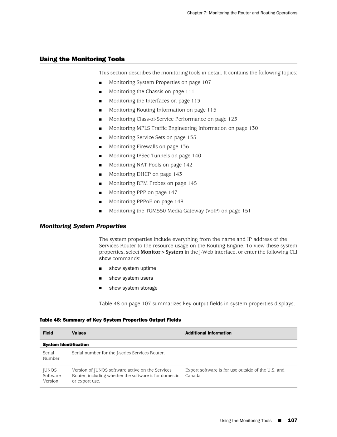 Juniper Networks J-Series manual Using the Monitoring Tools, Monitoring System Properties, System Identification 