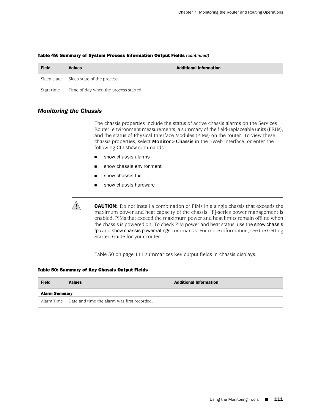 Juniper Networks J-Series manual Monitoring the Chassis, Summary of Key Chassis Output Fields, Alarm Summary 