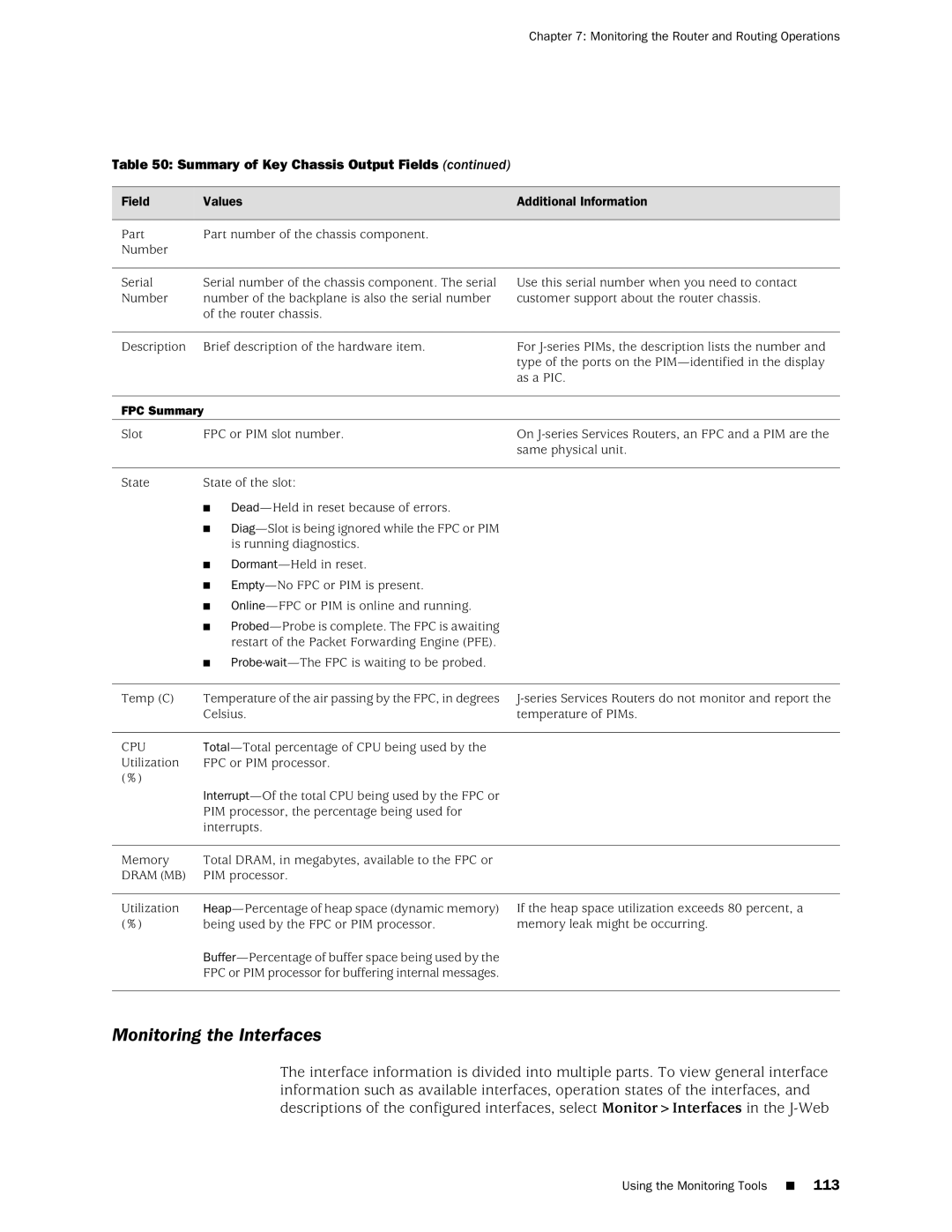 Juniper Networks J-Series manual Monitoring the Interfaces, FPC Summary 