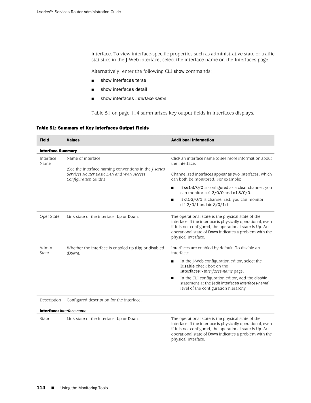 Juniper Networks J-Series manual Summary of Key Interfaces Output Fields, Interface Summary, Down 