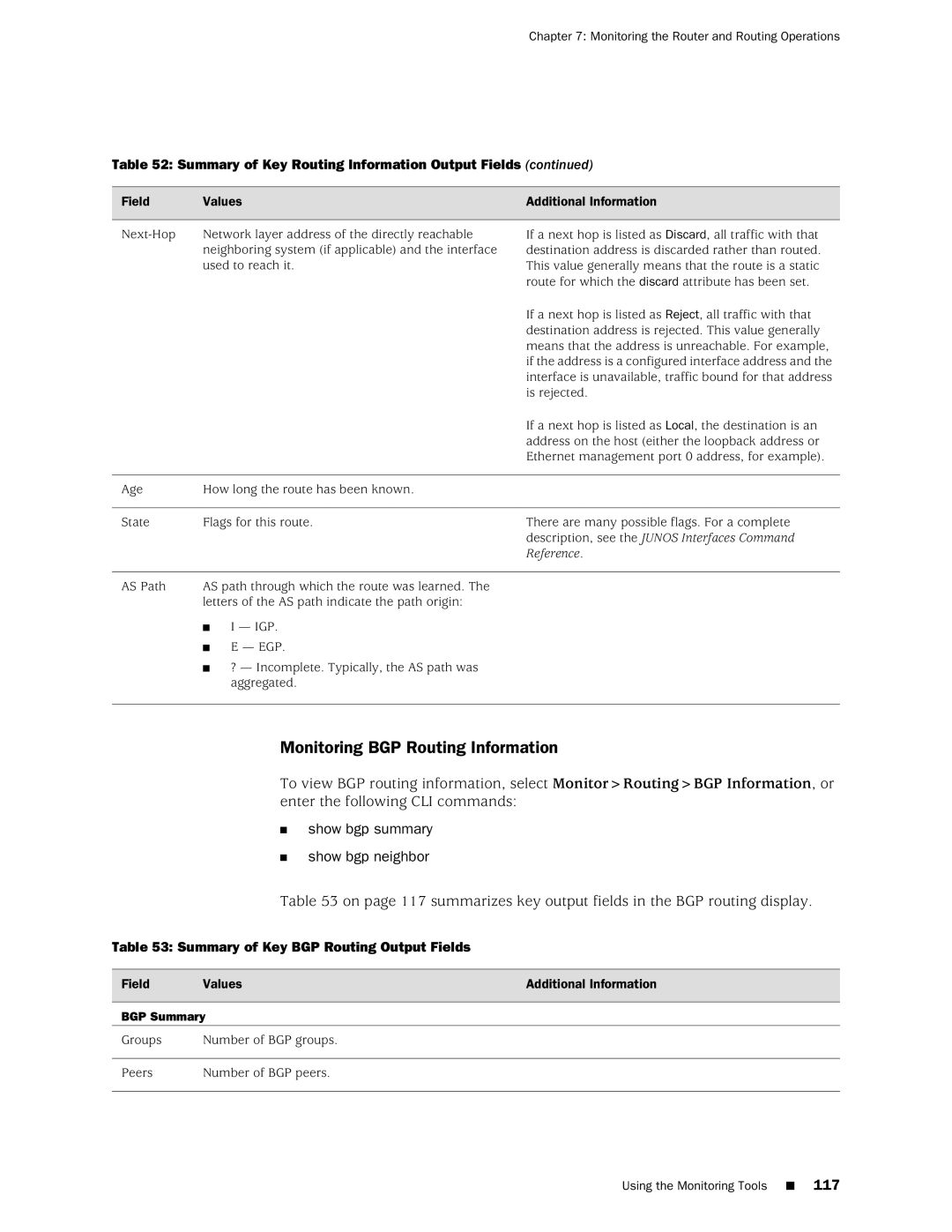 Juniper Networks J-Series manual Monitoring BGP Routing Information, Show bgp summary Show bgp neighbor, BGP Summary 