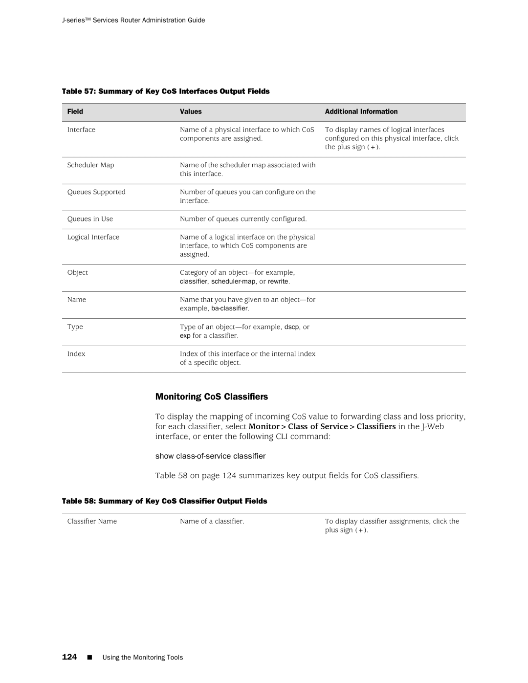 Juniper Networks J-Series manual Monitoring CoS Classifiers, Show class-of-service classifier 