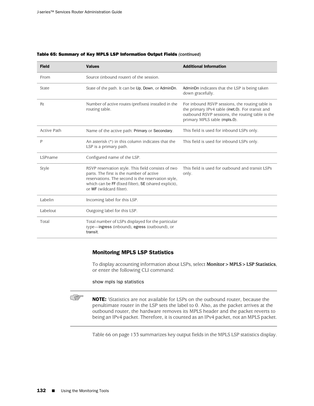 Juniper Networks J-Series manual Monitoring Mpls LSP Statistics, Show mpls lsp statistics, Transit 