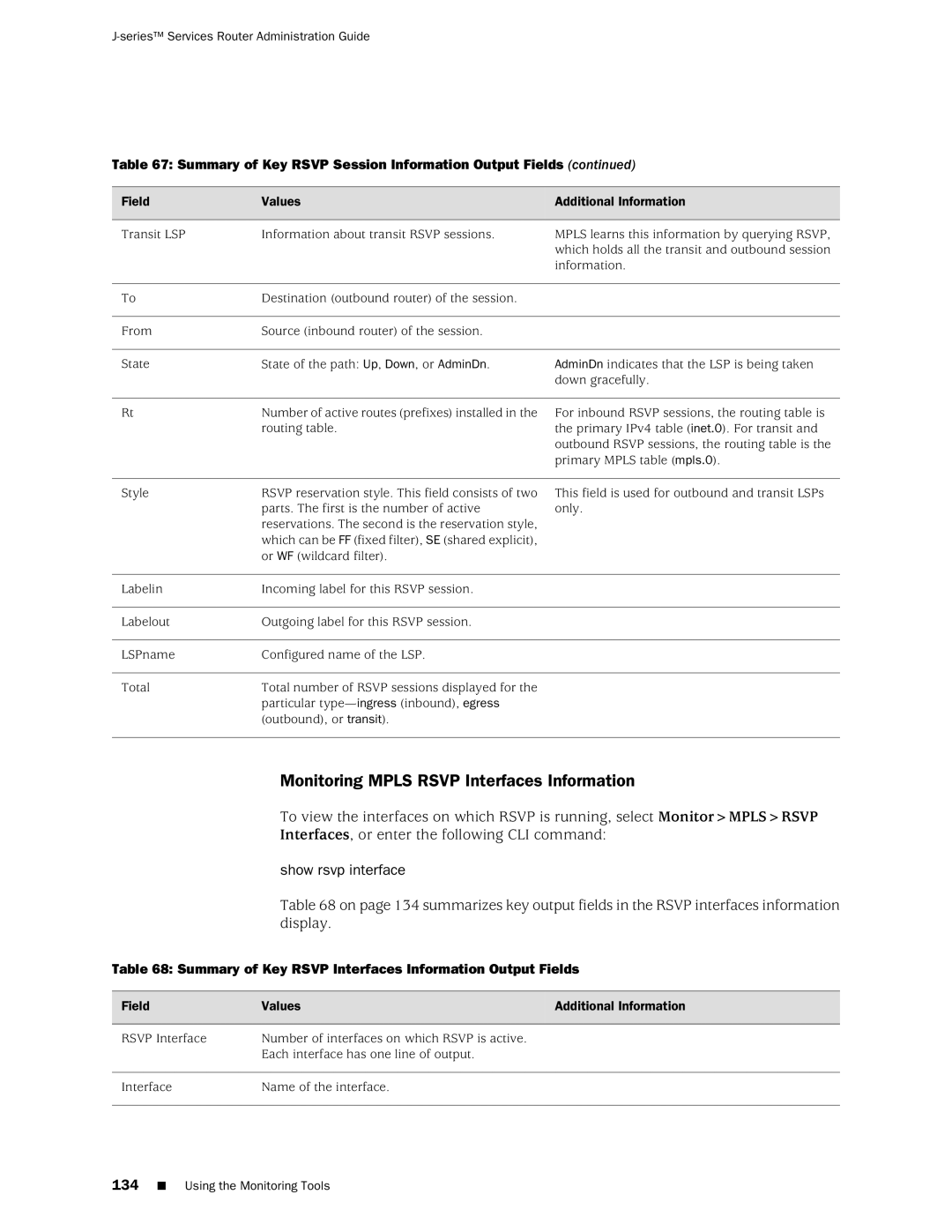 Juniper Networks J-Series manual Monitoring Mpls Rsvp Interfaces Information, Show rsvp interface 