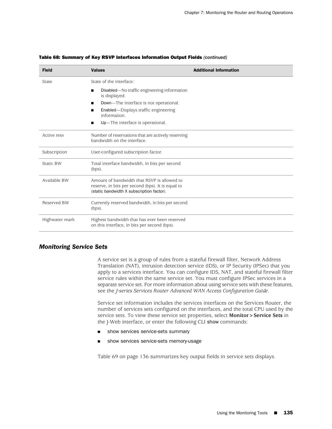 Juniper Networks J-Series manual Monitoring Service Sets, Static bandwidth X subscription factor 