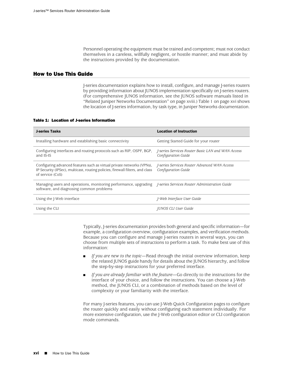 Juniper Networks J-Series How to Use This Guide, Location of J-series Information, Series Tasks Location of Instruction 