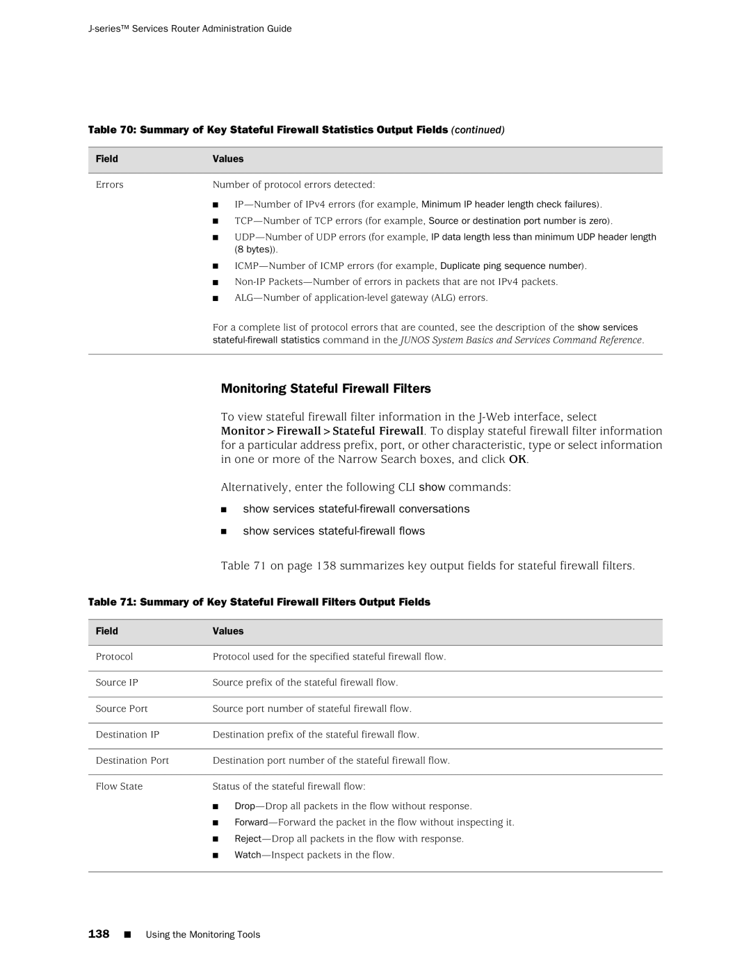 Juniper Networks J-Series Monitoring Stateful Firewall Filters, Summary of Key Stateful Firewall Filters Output Fields 