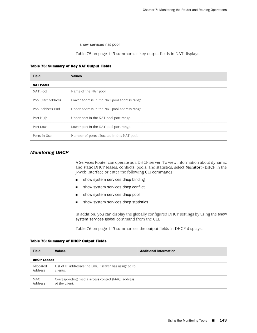 Juniper Networks J-Series manual Monitoring Dhcp, Show services nat pool, Summary of Key NAT Output Fields 