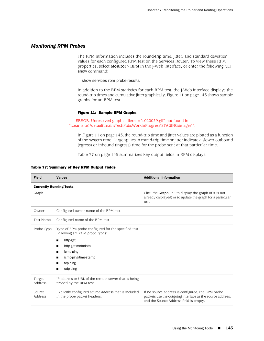 Juniper Networks J-Series manual Monitoring RPM Probes, Show services rpm probe-results, Summary of Key RPM Output Fields 