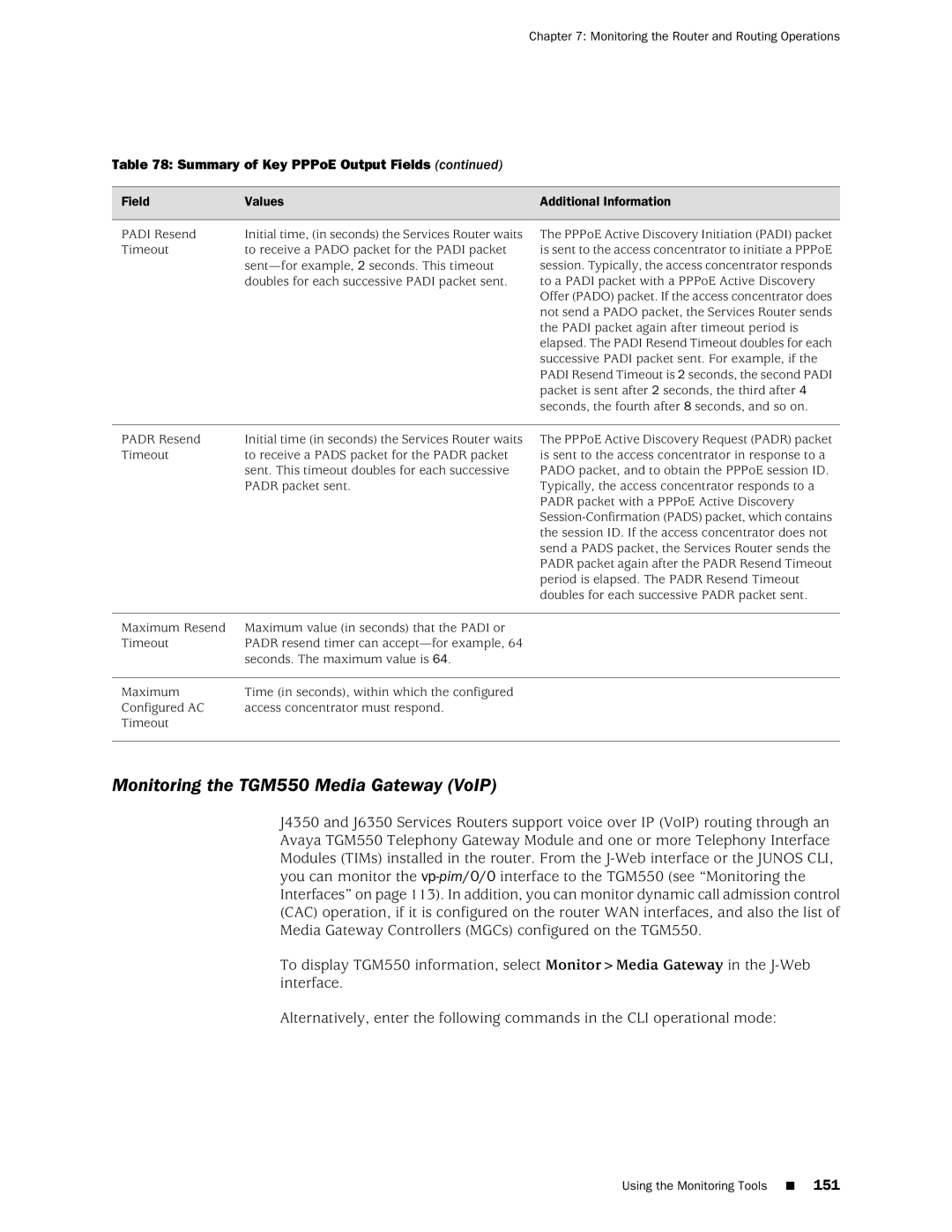 Juniper Networks J-Series manual Monitoring the TGM550 Media Gateway VoIP 