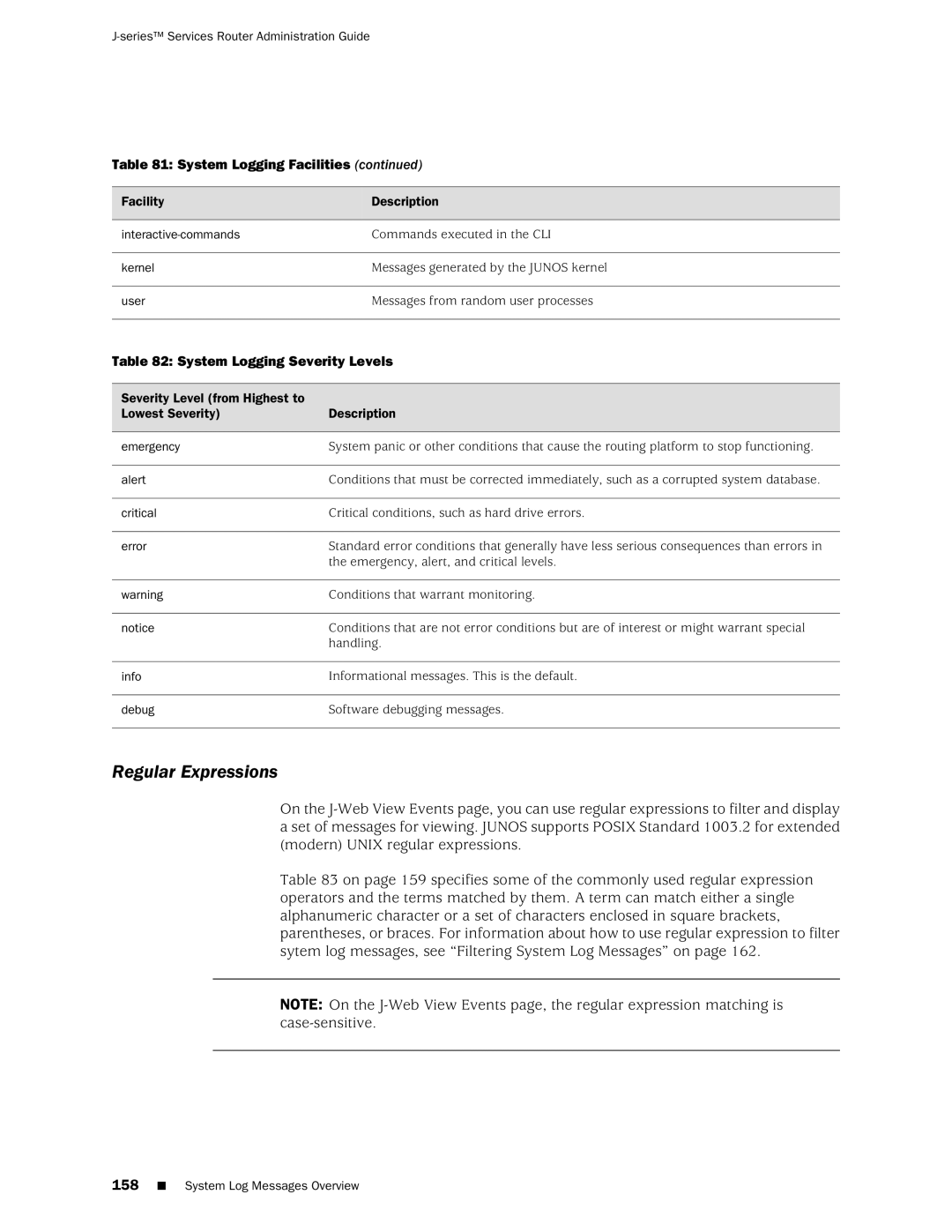 Juniper Networks J-Series manual Regular Expressions, System Logging Severity Levels 