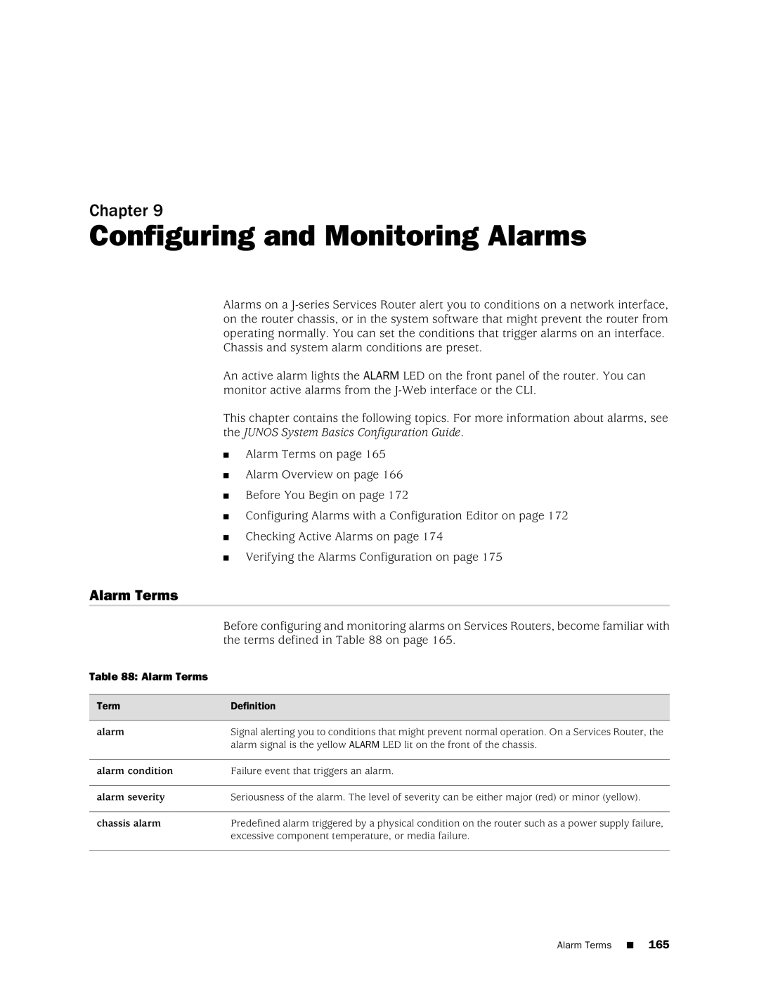 Juniper Networks J-Series manual Configuring and Monitoring Alarms, Alarm Terms 