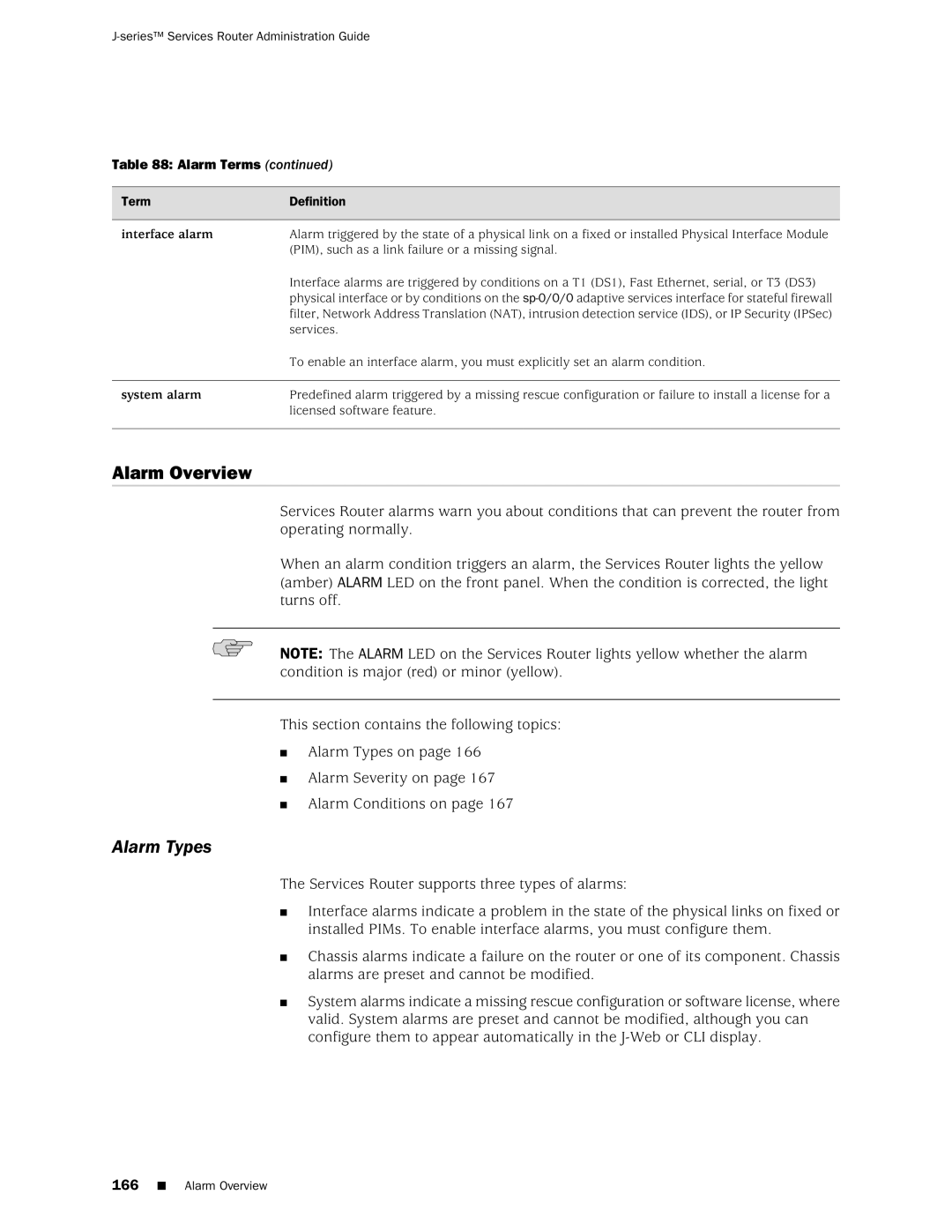 Juniper Networks J-Series manual Alarm Overview, Alarm Types, Alarm Terms, Interface alarm, System alarm 