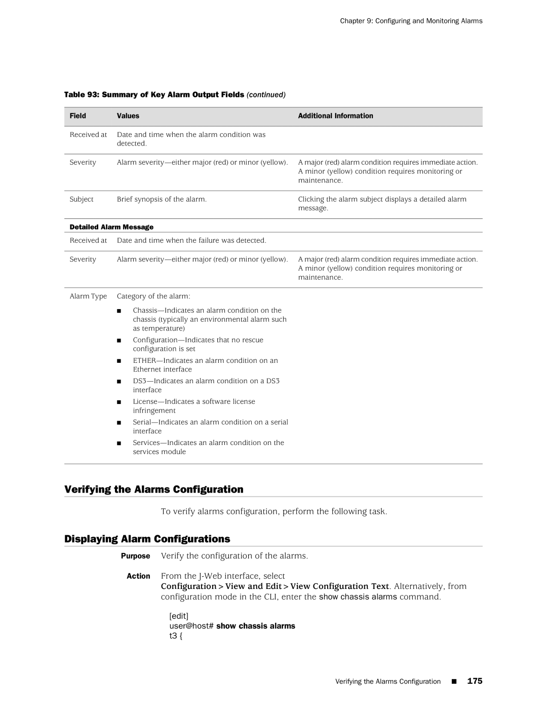 Juniper Networks J-Series Verifying the Alarms Configuration, Displaying Alarm Configurations, Detailed Alarm Message 