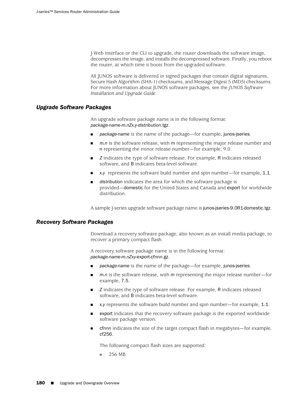 Juniper Networks J-Series manual Upgrade Software Packages, Recovery Software Packages 