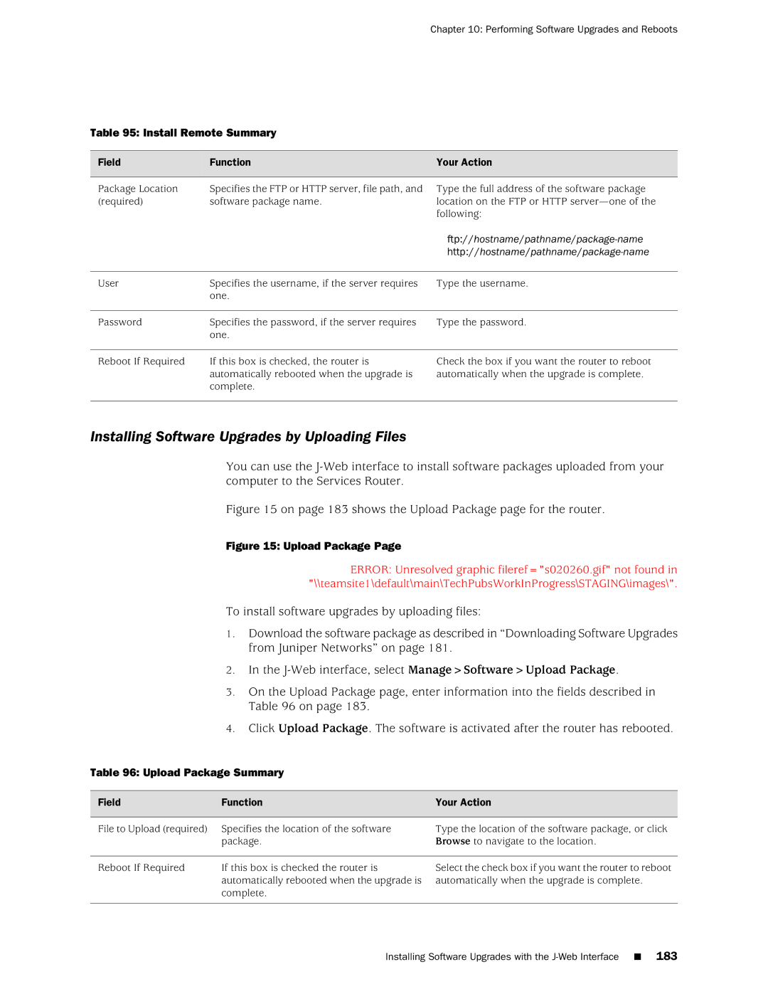 Juniper Networks J-Series Installing Software Upgrades by Uploading Files, Install Remote Summary, Upload Package Summary 