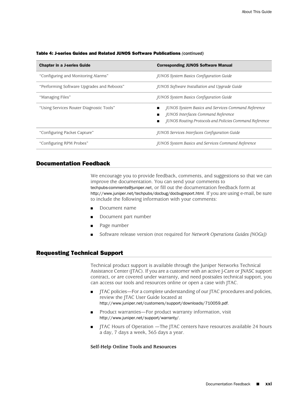 Juniper Networks J-Series manual Documentation Feedback, Requesting Technical Support 