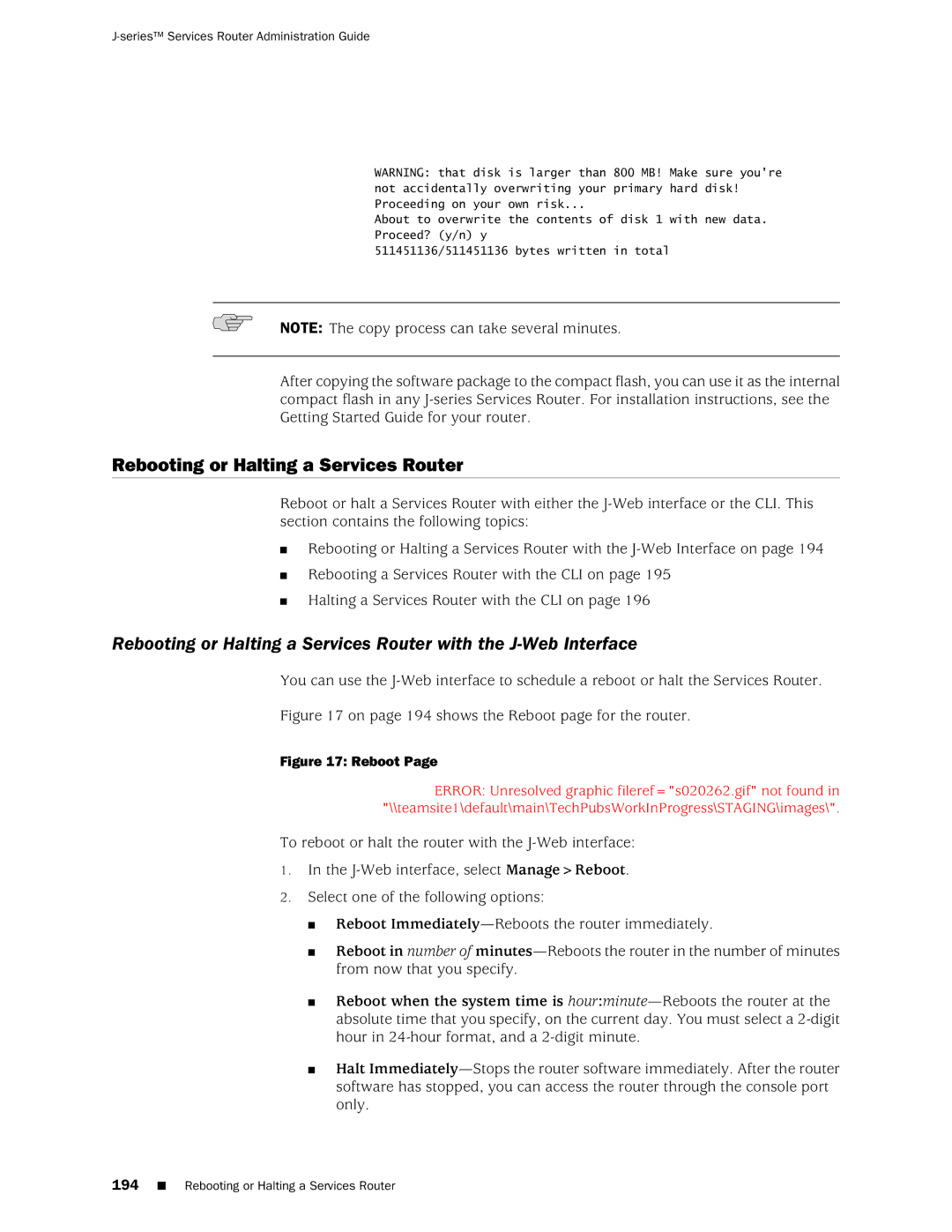 Juniper Networks J-Series manual Rebooting or Halting a Services Router 