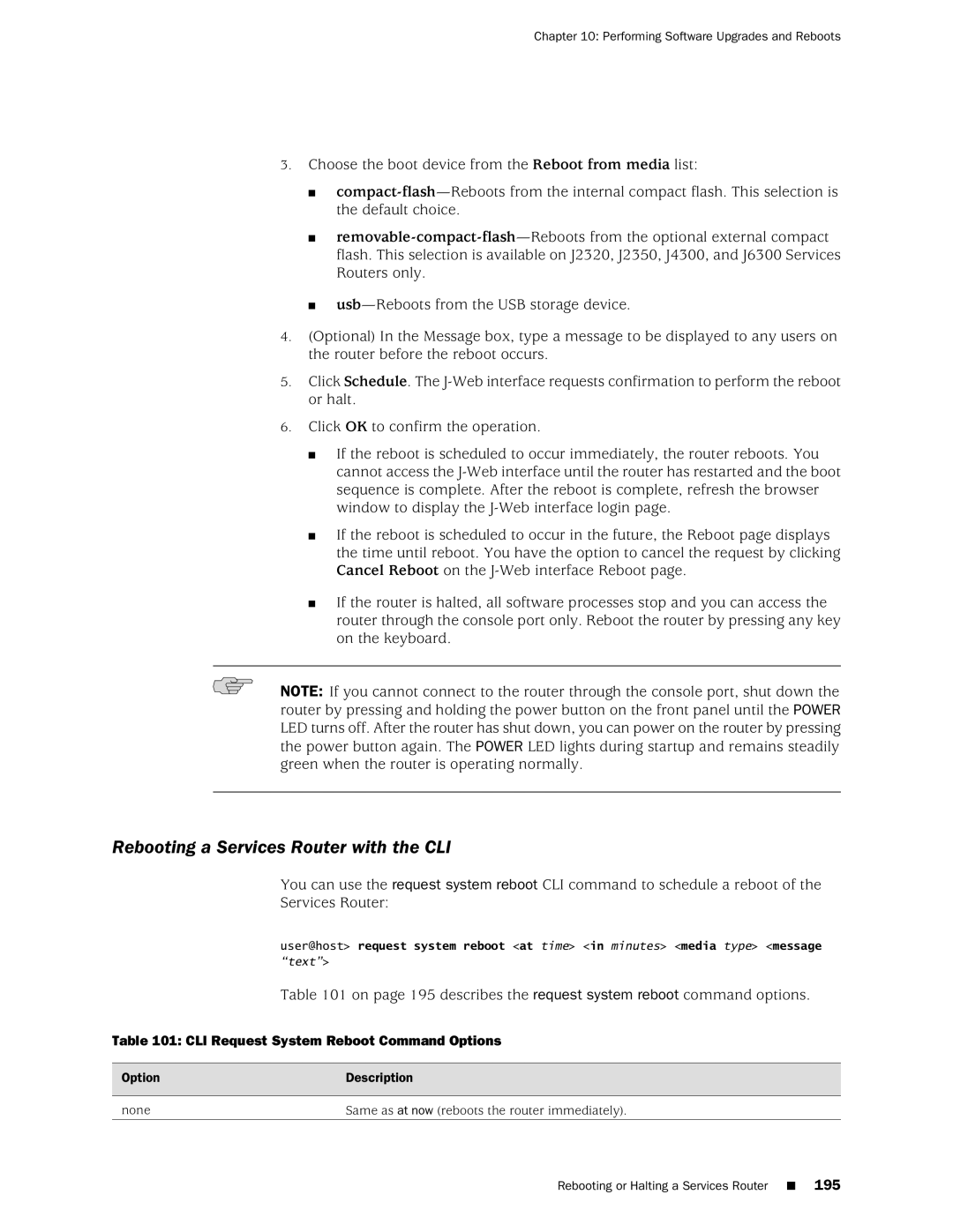 Juniper Networks J-Series manual Rebooting a Services Router with the CLI, CLI Request System Reboot Command Options 