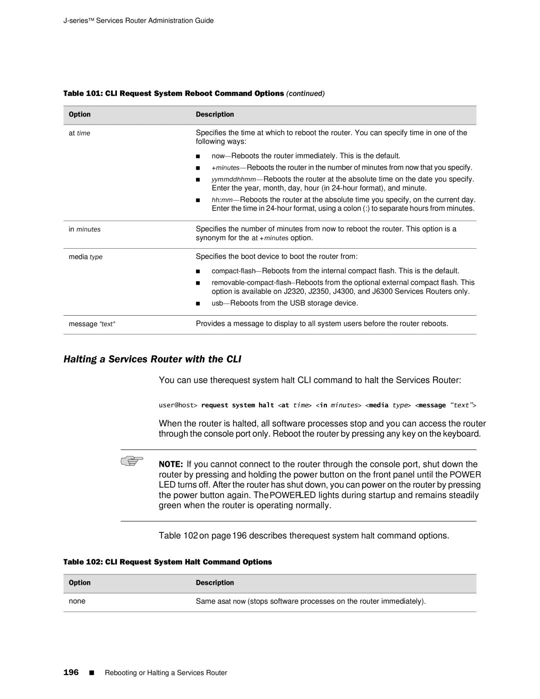 Juniper Networks J-Series manual Halting a Services Router with the CLI, CLI Request System Halt Command Options 