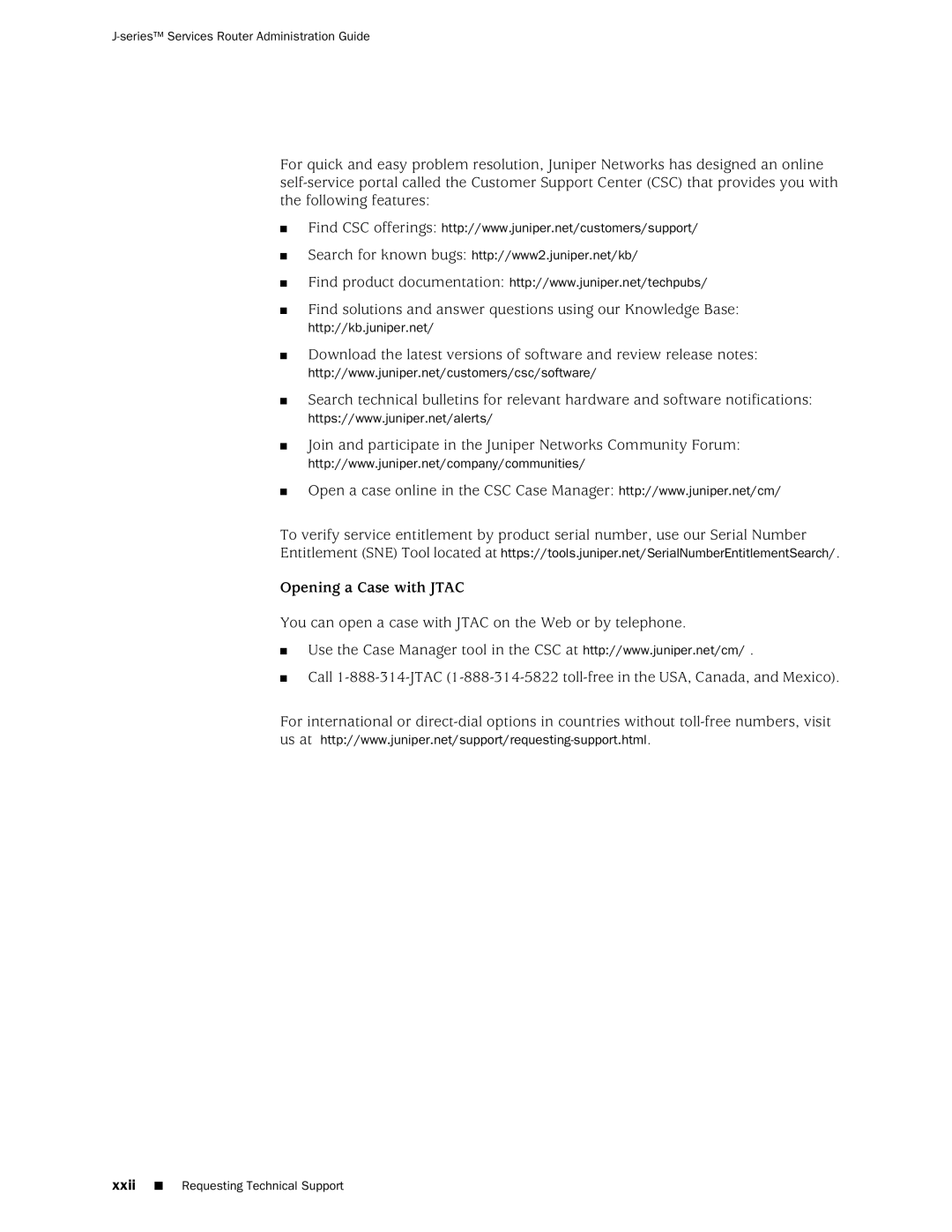 Juniper Networks J-Series manual Opening a Case with Jtac, Xxii Requesting Technical Support 