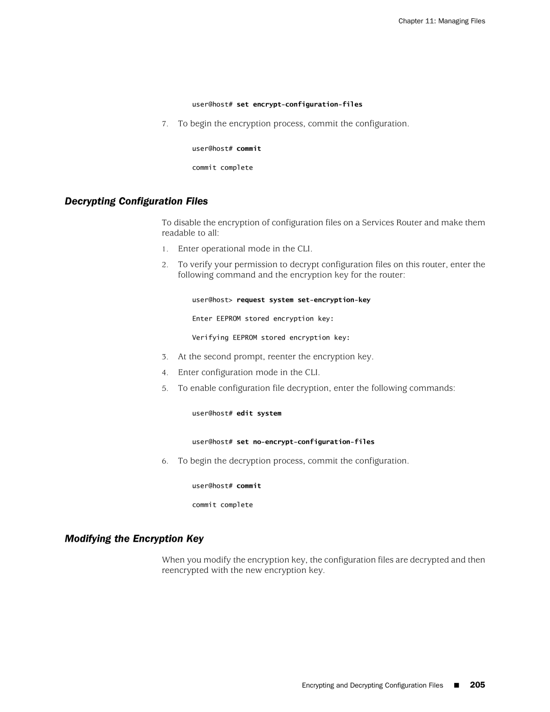 Juniper Networks J-Series manual Decrypting Configuration Files, Modifying the Encryption Key 