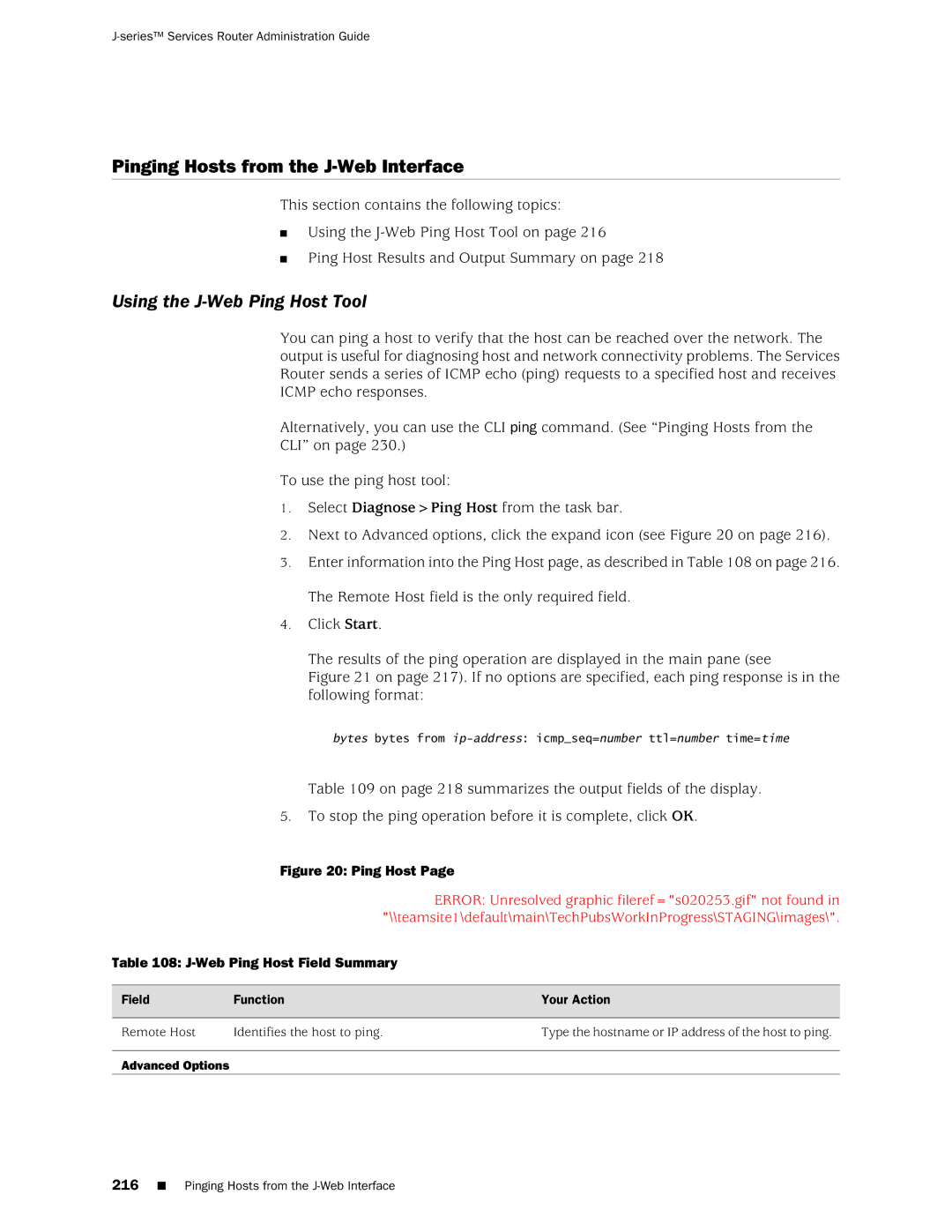 Juniper Networks J-Series manual Pinging Hosts from the J-Web Interface, Using the J-Web Ping Host Tool 