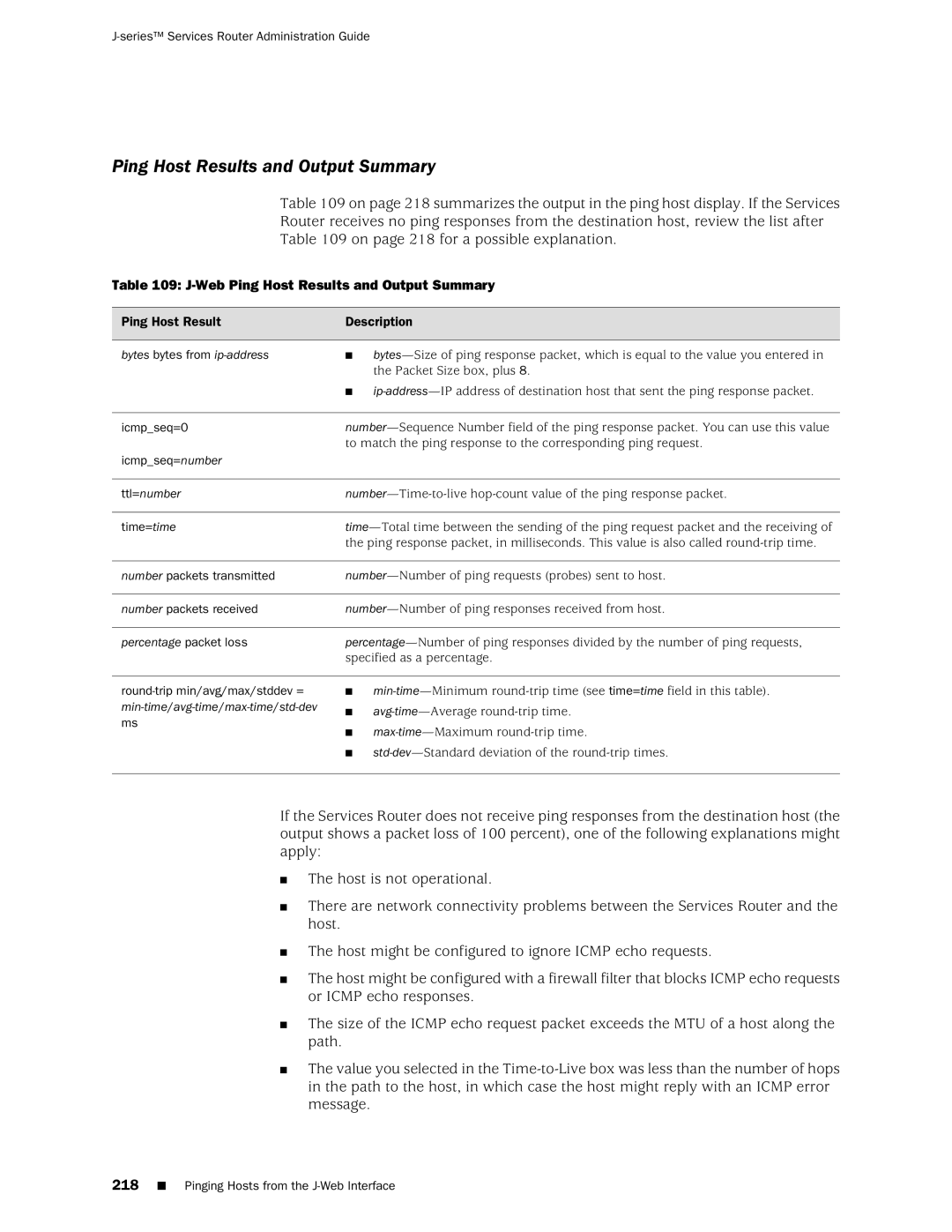 Juniper Networks J-Series manual Web Ping Host Results and Output Summary, Icmpseq=0 Icmpseq=number 