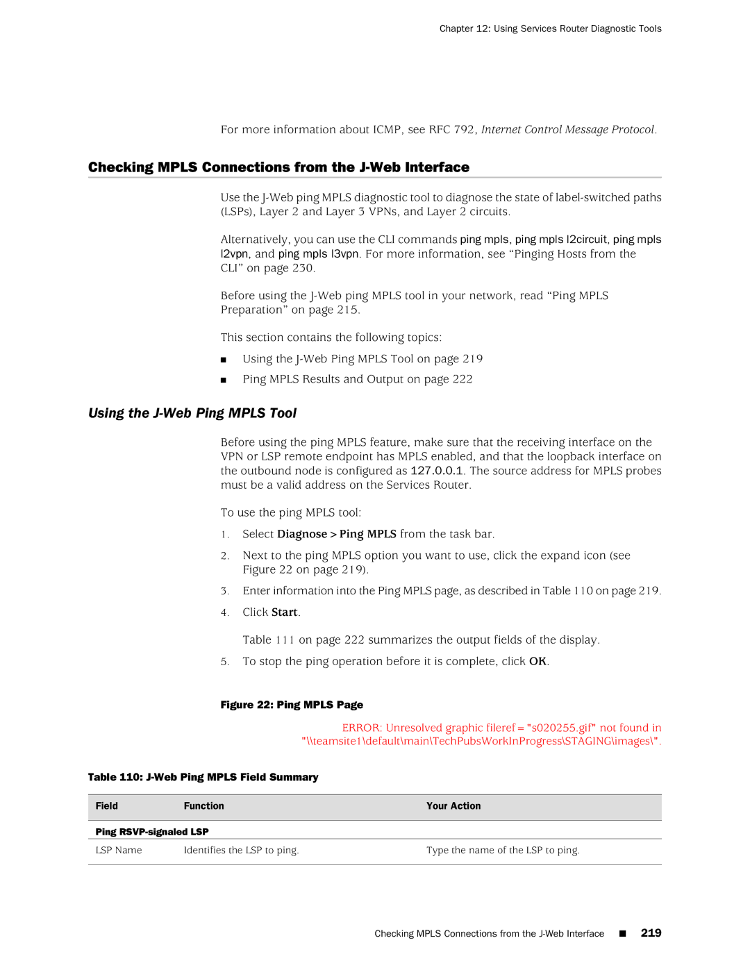 Juniper Networks J-Series manual Checking Mpls Connections from the J-Web Interface, Using the J-Web Ping Mpls Tool 