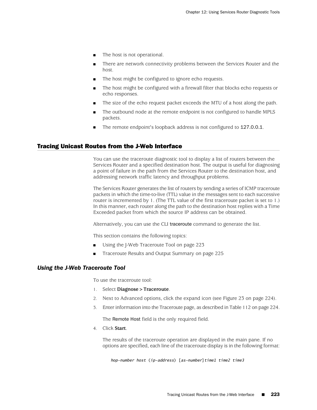 Juniper Networks J-Series manual Tracing Unicast Routes from the J-Web Interface, Using the J-Web Traceroute Tool 