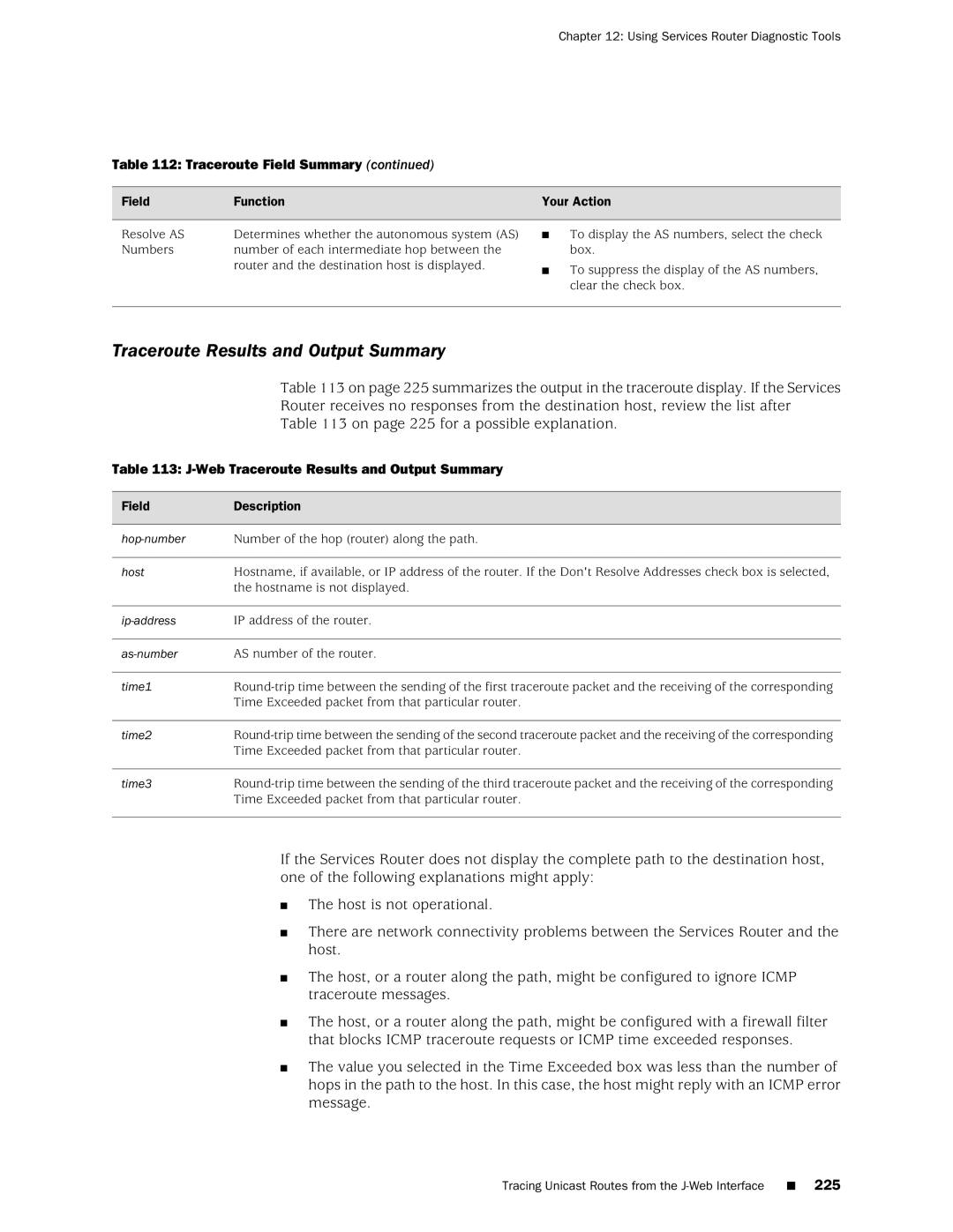 Juniper Networks J-Series manual Web Traceroute Results and Output Summary 