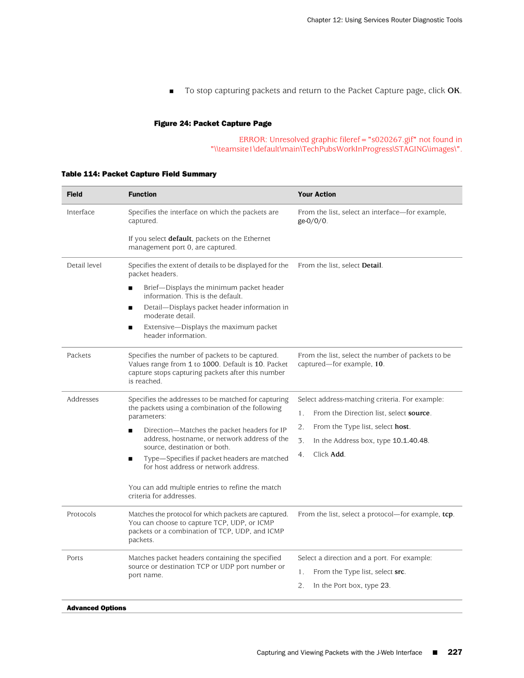 Juniper Networks J-Series manual Packet Capture Field Summary, Ge-0/0/0, Advanced Options 