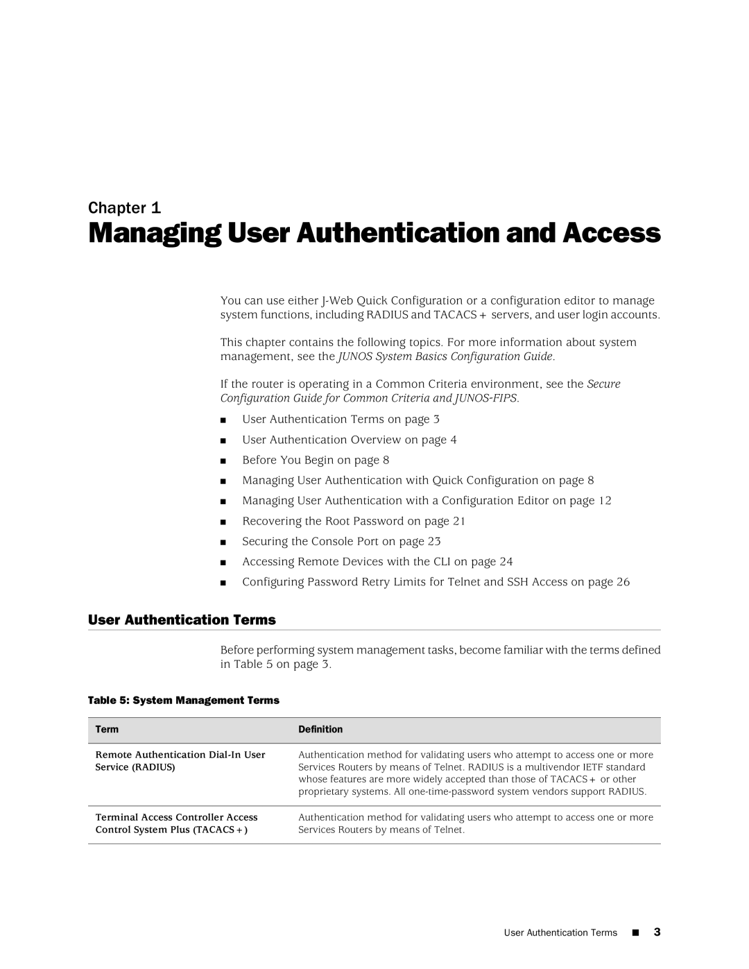 Juniper Networks J-Series Managing User Authentication and Access, User Authentication Terms, System Management Terms 