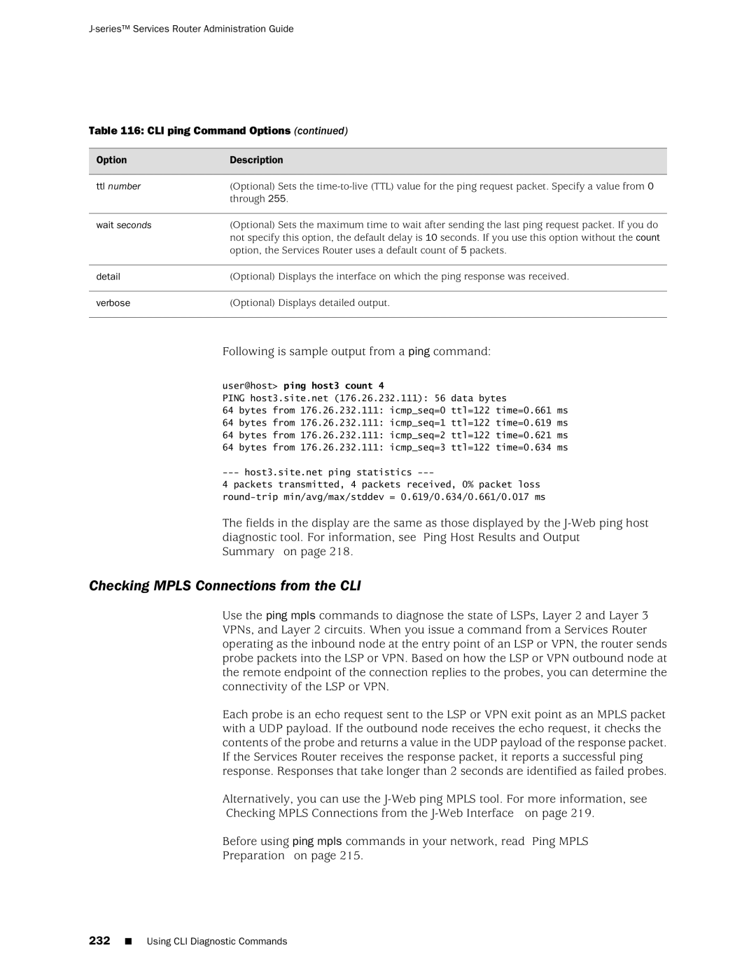 Juniper Networks J-Series manual Checking Mpls Connections from the CLI, Following is sample output from a ping command 