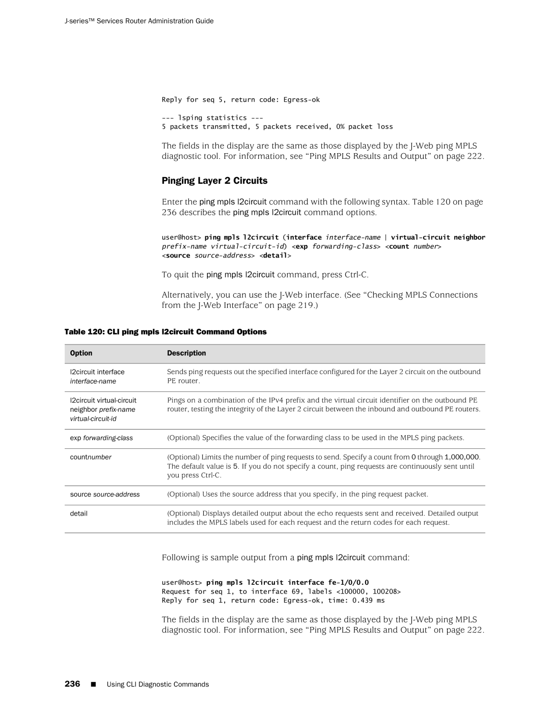 Juniper Networks J-Series manual Pinging Layer 2 Circuits, CLI ping mpls l2circuit Command Options 